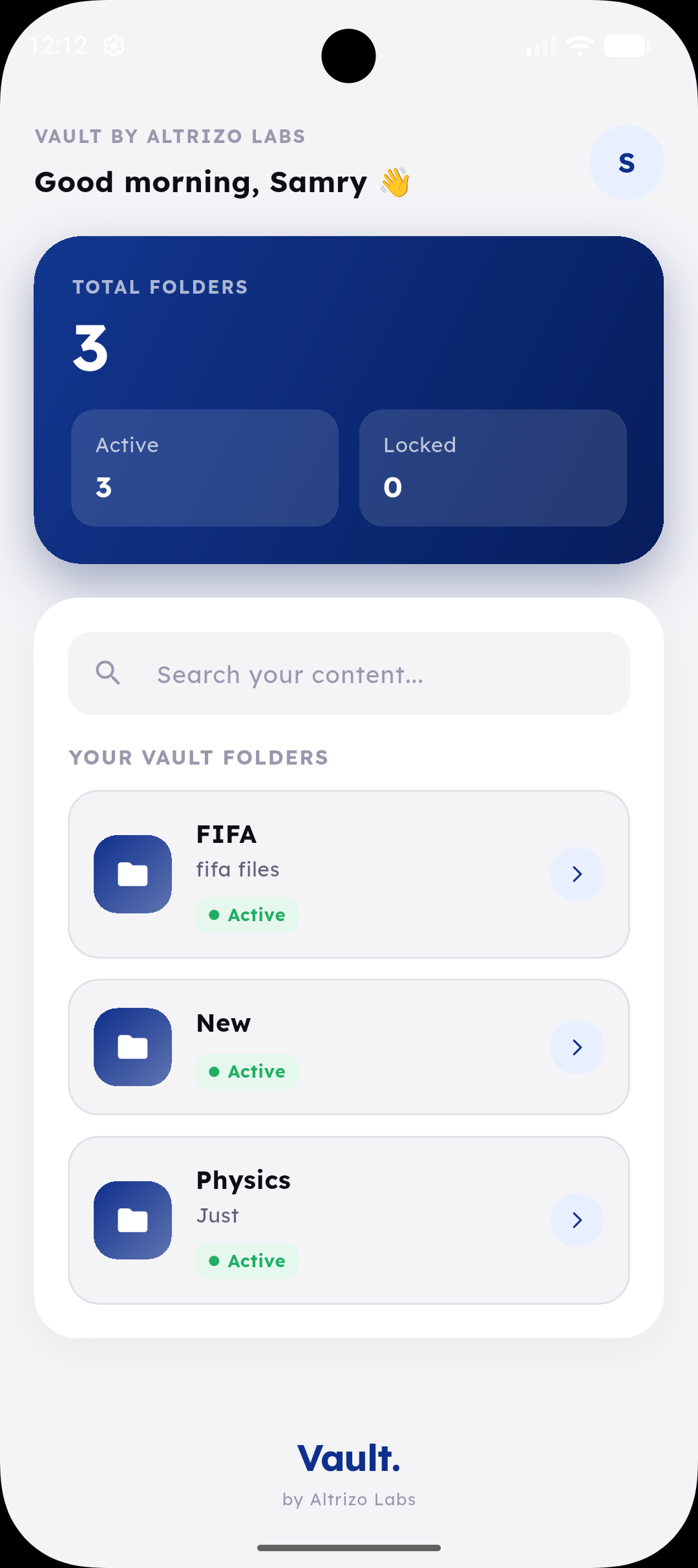 Vault student dashboard showing assigned folders