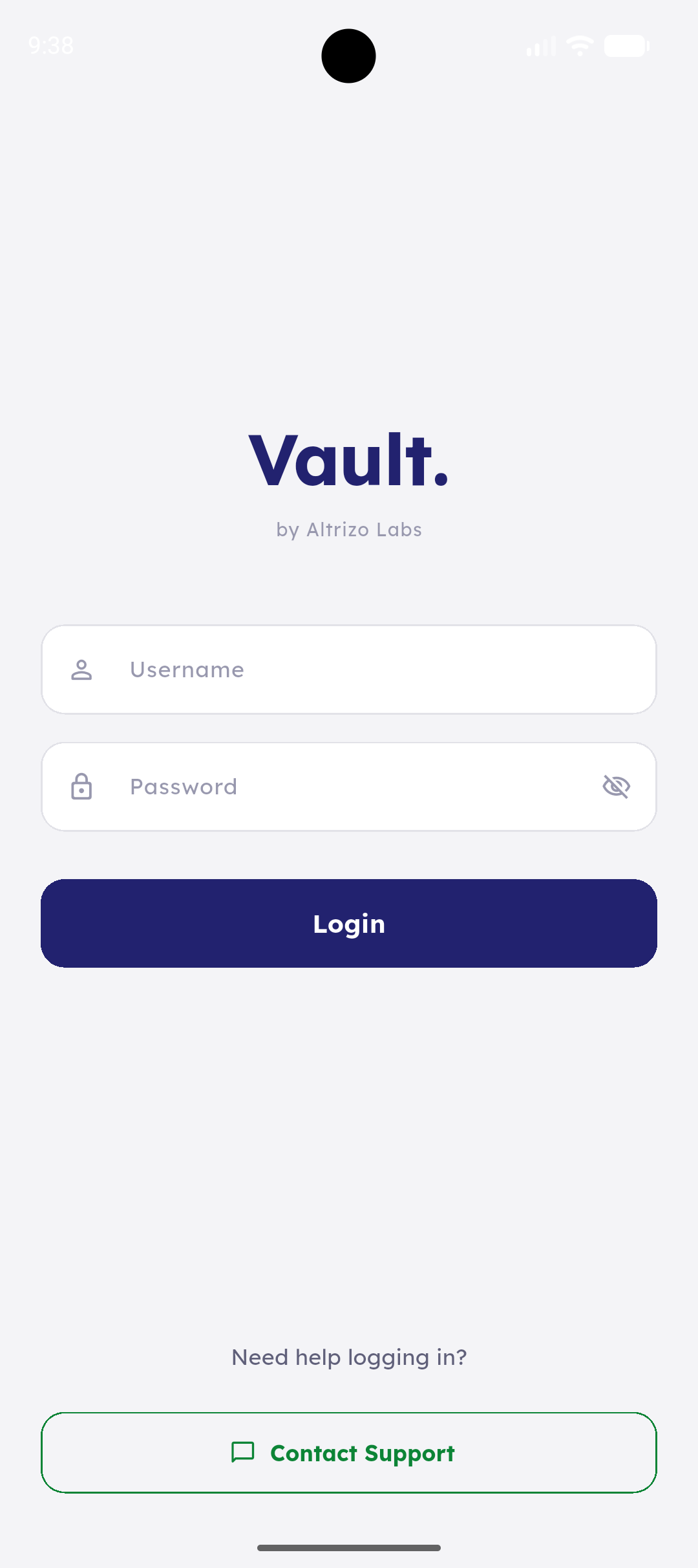 Vault personal login screen